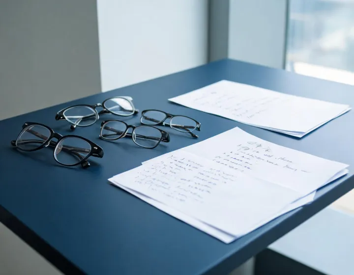 Independent eyewear accessories sourcing desk reviewing written factory replies