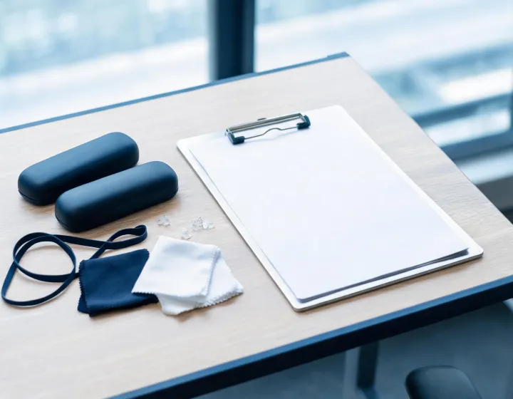 Eyewear accessories laid out for a US procurement brief with millimetre notes